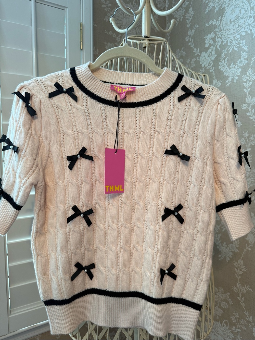 THML Cream Cable Knit Short Sleeve Sweater with Black Bows